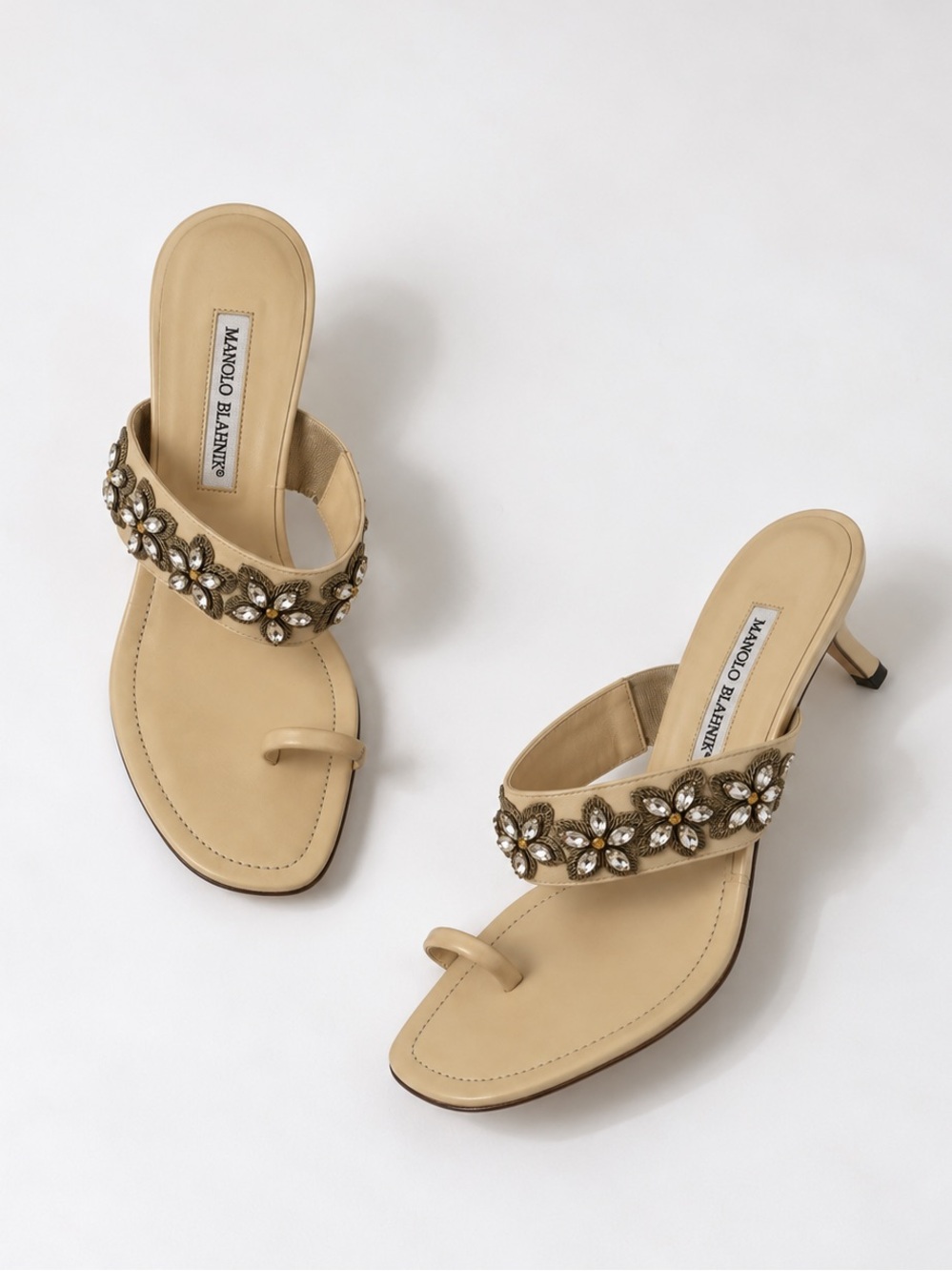 Manolo Blahnik Beige Embellished Toe-Ring Sandal